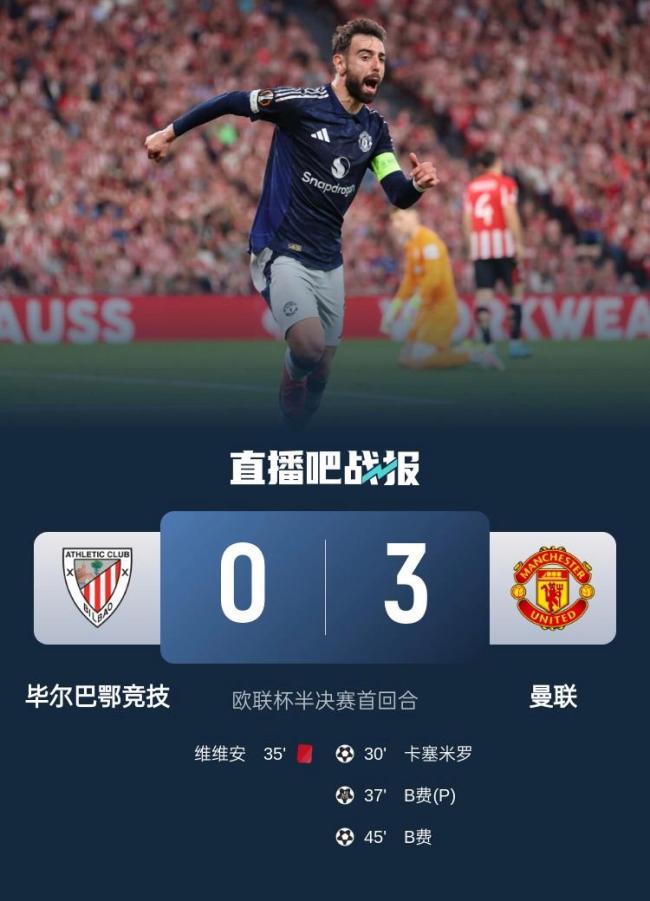 欧联杯半决赛：毕尔巴鄂竞技0比3曼联 主场惨败创纪录